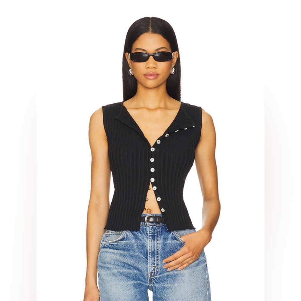 Free People Black Ribbed Button-Front Tank